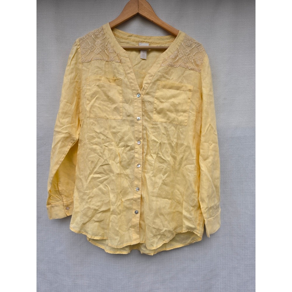 Chicos 1 M Yellow Linen Shirt Coastal Grandma Lace Yoke Roll Tab Resort Top